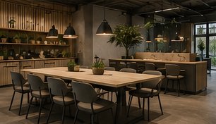 Lounge en community-ruimte met grote tafel