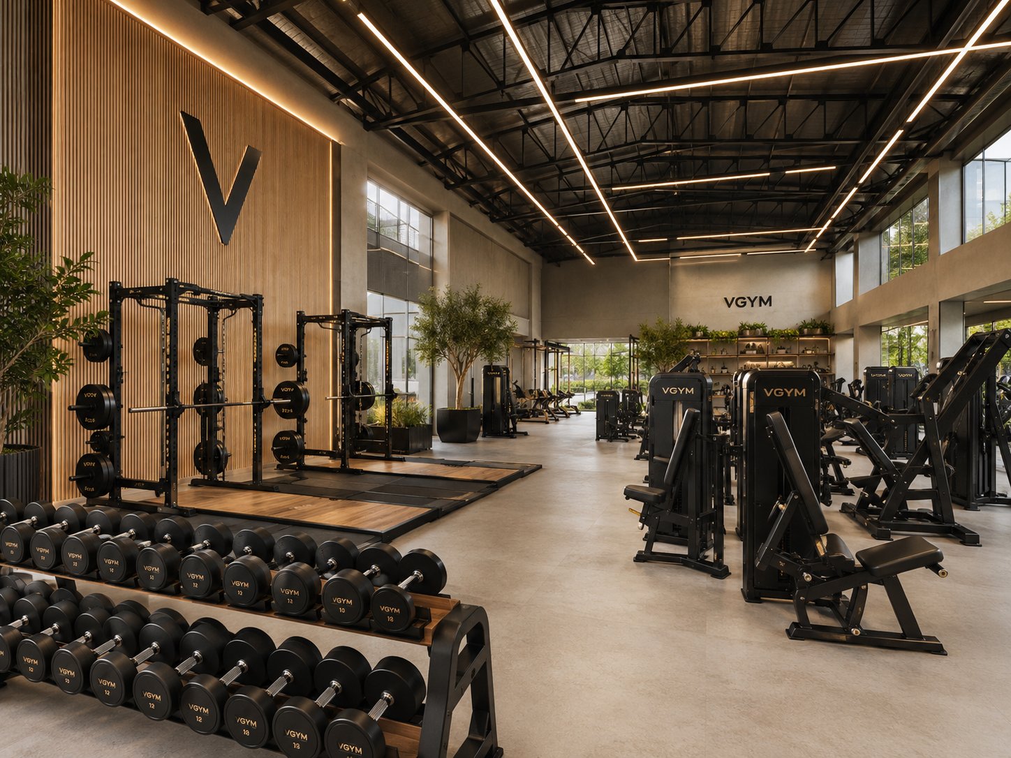 De kracht- en functionele zone met racks en dumbbells